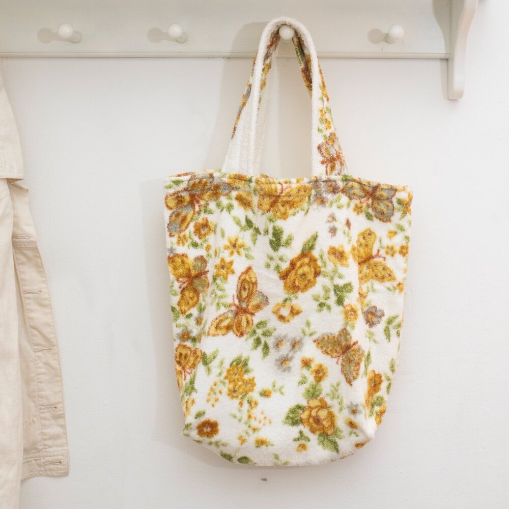 Butterfly Floral Print Handmade Vintage Towel Tote